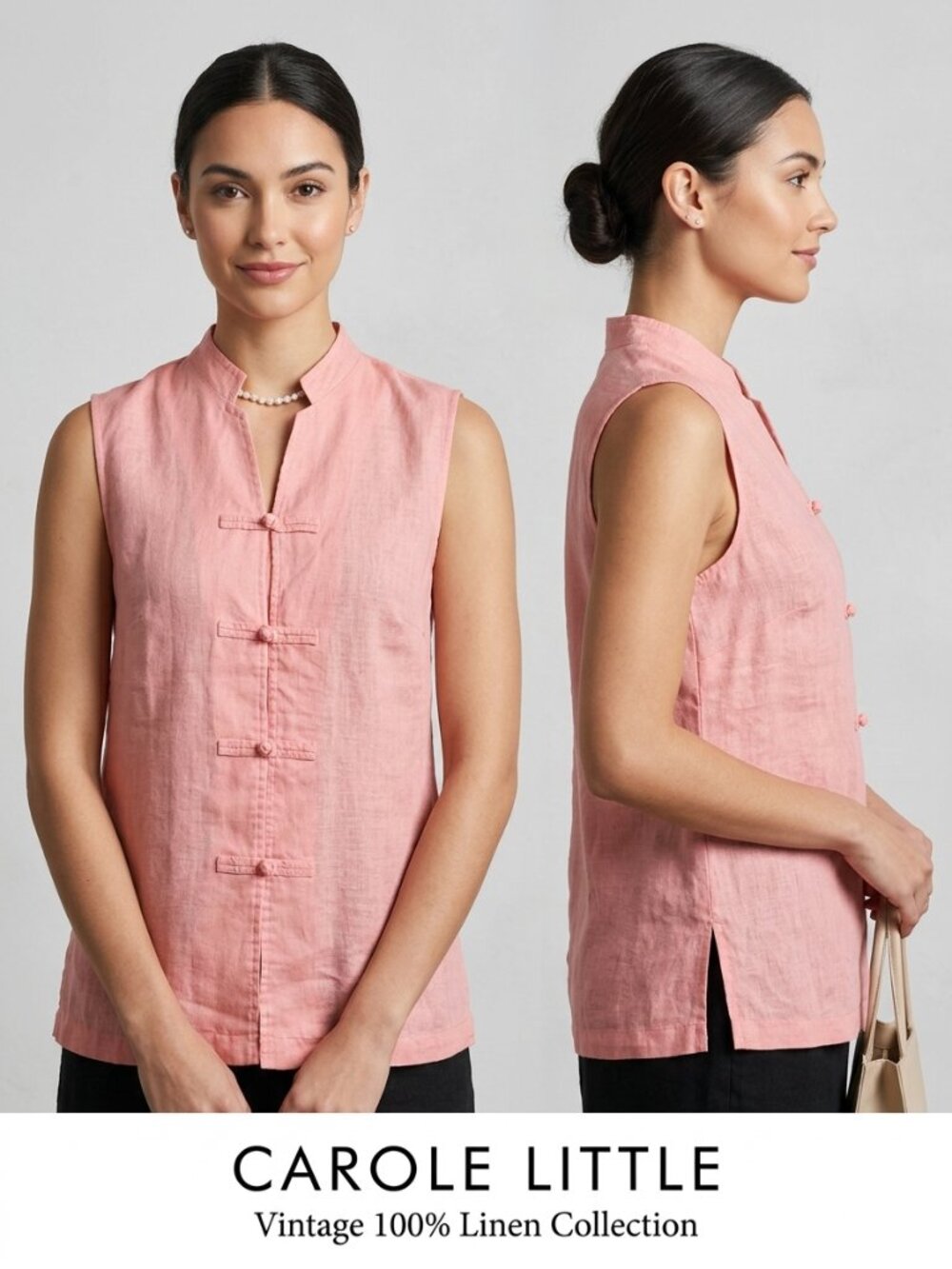 Carole Little Vintage 100% Linen Pink Sleeveless Mandarin Buttons Blouse - Small